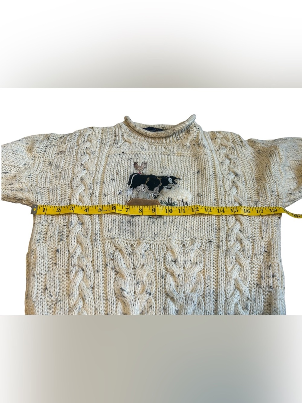 Vintage 90s Tivoli Aran Ireland Pure New Wool Farm Animal Cable Knit Sweater 5-7 - Picture 4 of 11